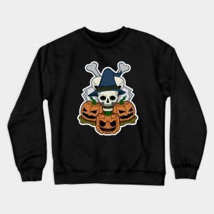 Halloween : Skull with Hat Wizard and Pumpkin Emoji Crewneck Sweatshirt